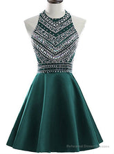 A-Line Green Satin Crystal Short Homecoming Dress